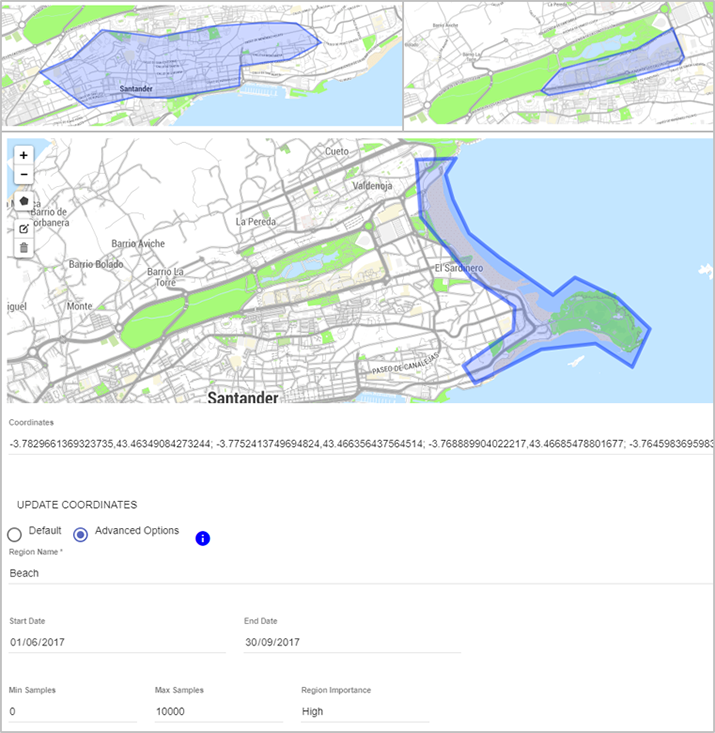 Figure 2: Screenshot from Organicity’s Experimentation Management tool, designating active experimentation areas and other options.