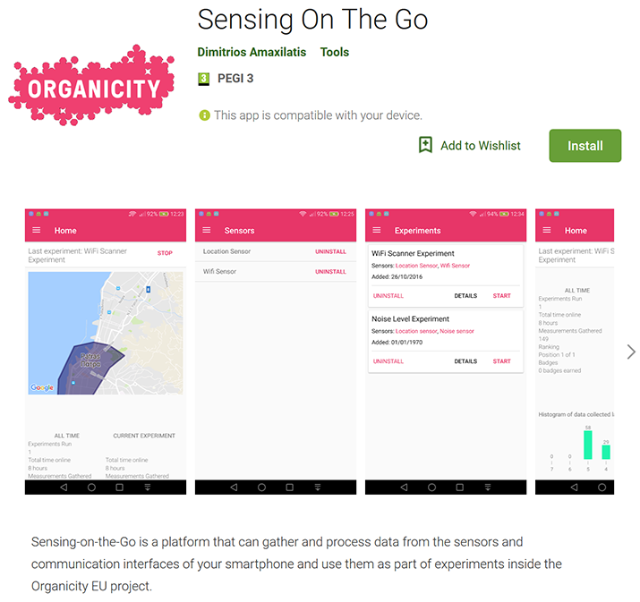 Figure 3: OrganiCity “Sensing on the Go” app, available on Google Play.