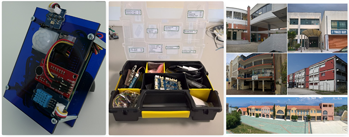 Figure 1: Examples of the IoT hardware used in the project: a) the IoT node used inside classrooms, b) IoT hardware used for educational lab activities, c) the exterior of some GAIA-enabled schools in Greece.